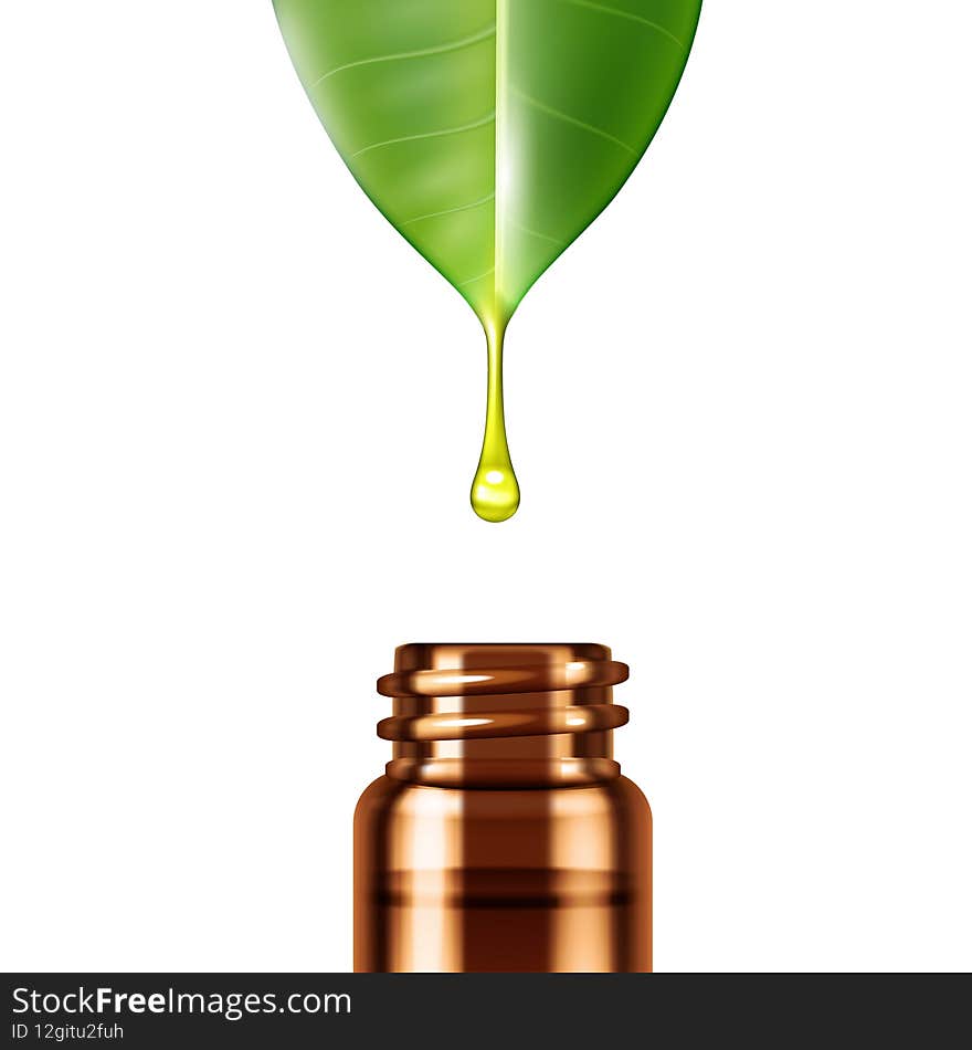 Realistic aromatherapy composition with drop of essential oil dripping off green leaf into glass bottle isolated vector illustration