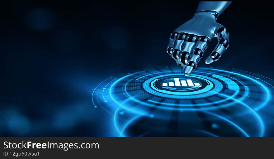 Analysis Data Business Analytics. Robotic hand pressing button 3d render