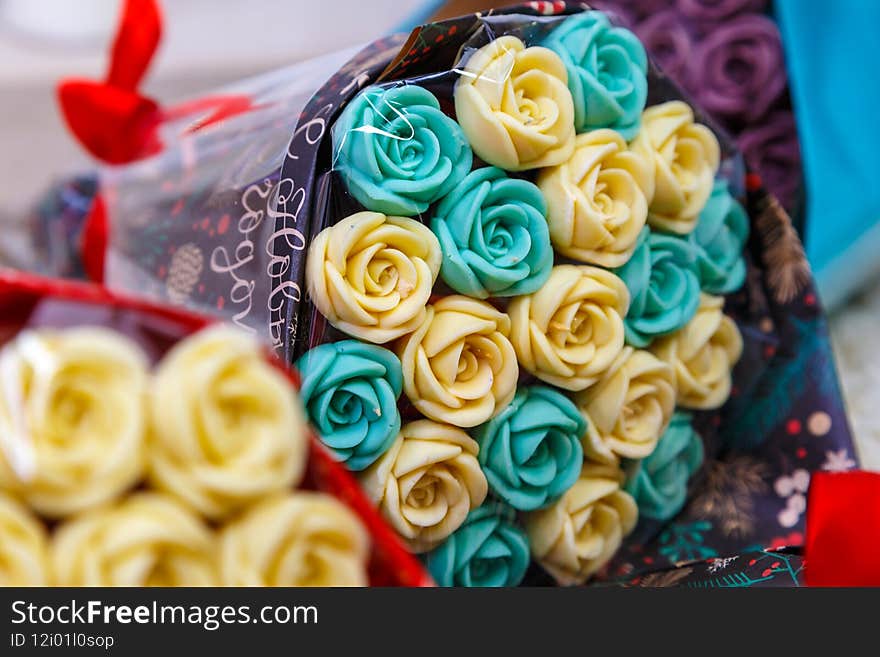 Chocolate Flowers, Large Bouquet Of Multicolored Roses Close-up, With Blurry Bouquet In Background