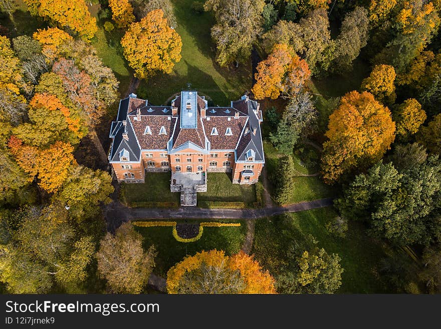 Aerial view of Pelci manor in sunny autumn day, Latvia