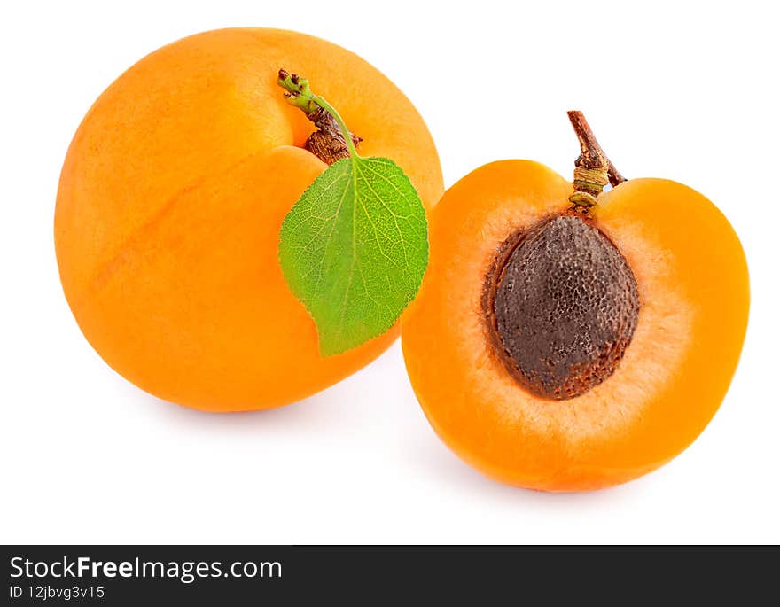 Isolated Apricots. Fresh Apricot  fruits isolated on white background, half  and whole, closeup..