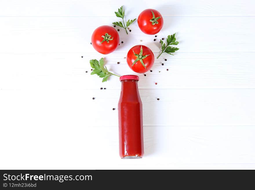 Ketchup on the table. Tomato sauce, fresh tomatoes. High quality photo