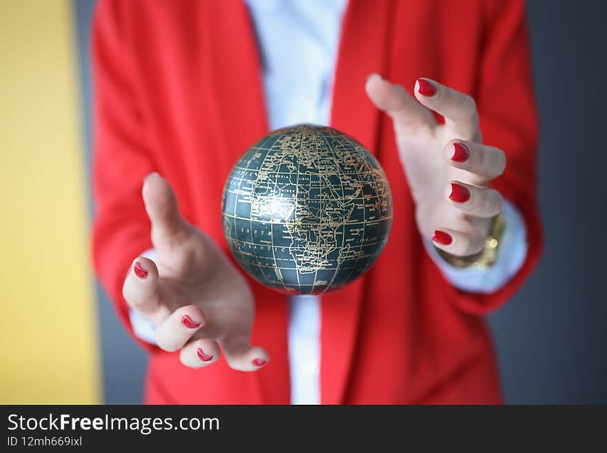 Ball in the air between the female hands. Magic and wizardry concept