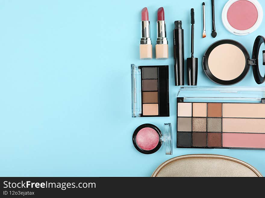 professional makeup tools. Makeup products on plain background top view. A set of various items for makeup. High quality photo. professional makeup tools. Makeup products on plain background top view. A set of various items for makeup. High quality photo