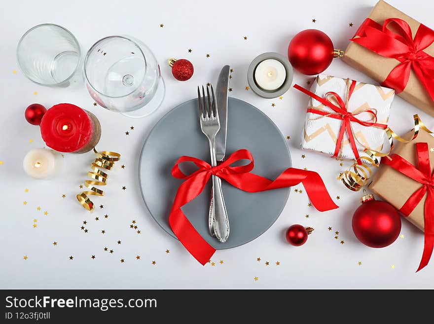 table setting for christmas or new year holiday top view. Mirimalism, place for text. High quality photo