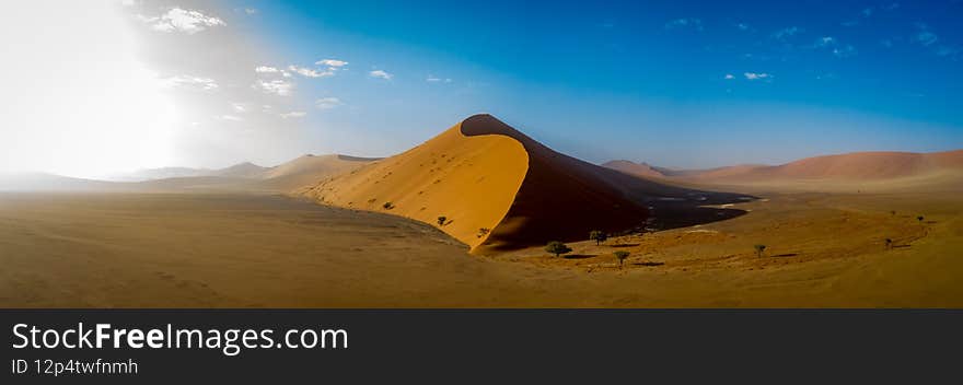 A red dune during sunset in sossusvlei nationalpark in the desert of the namib - namibia. A red dune during sunset in sossusvlei nationalpark in the desert of the namib - namibia.