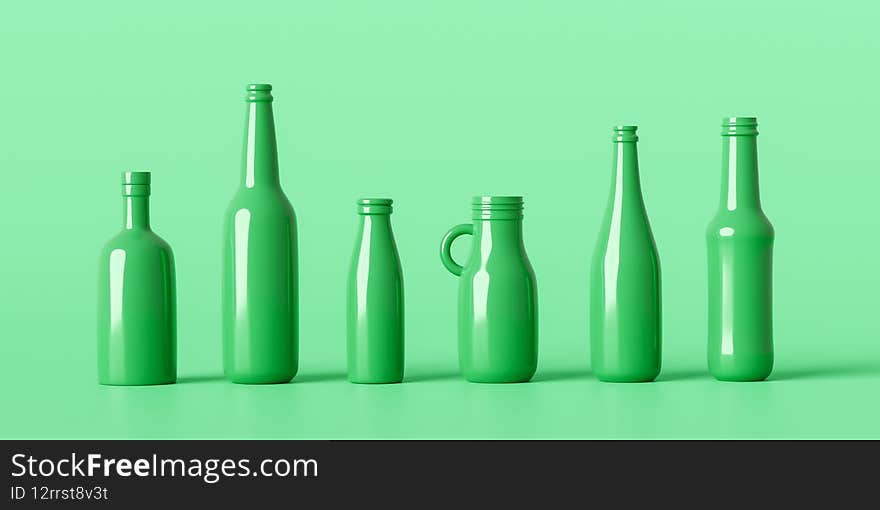 Recycle eco bottles glass or drink beverage container on natural background with recycling package. 3D rendering.