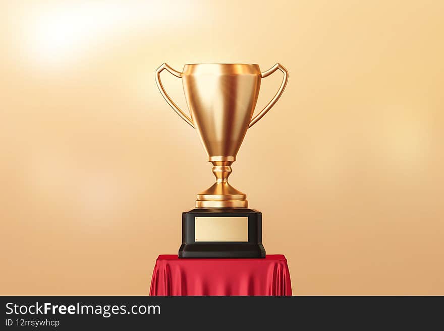 Gold trophy cup of first place and success award for winner champion on victory competition background with achievement goal. 3D rendering.