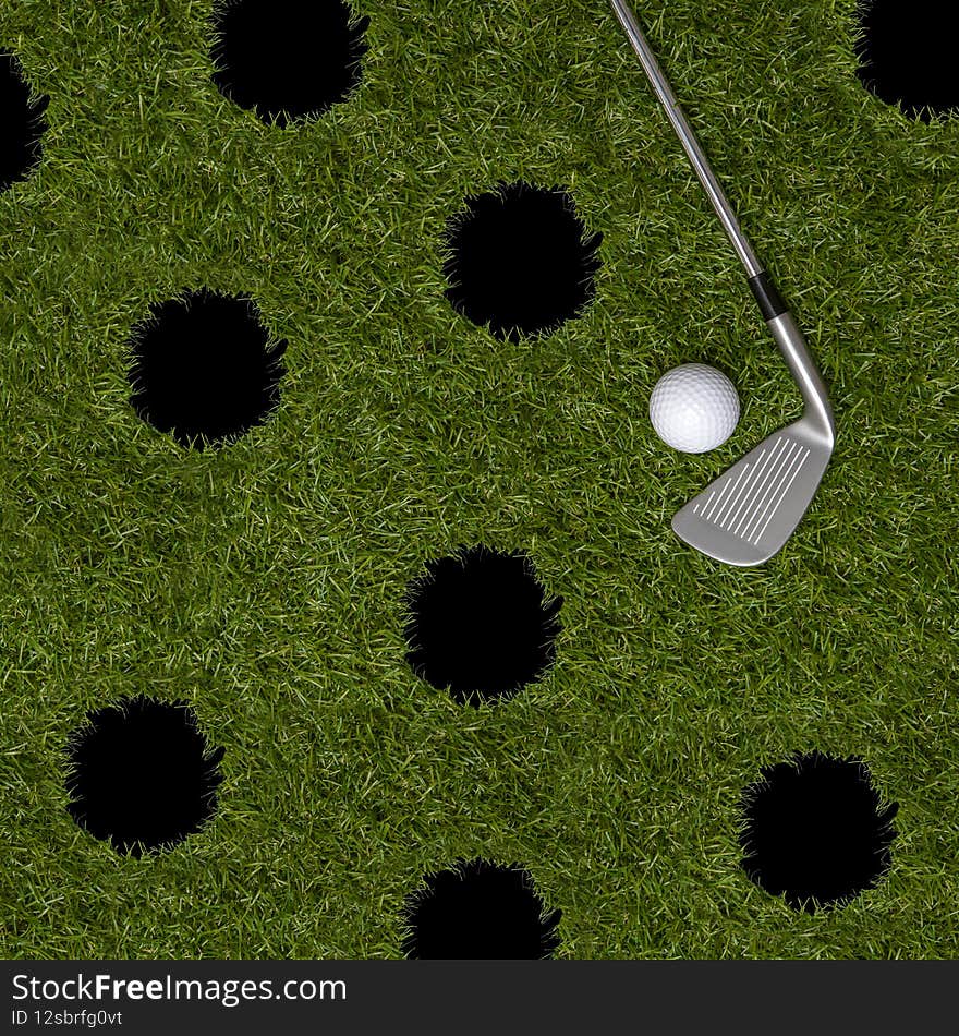White golf ball, holes and stick on green grass. Horizontal sport poster, greeting cards, headers, website.