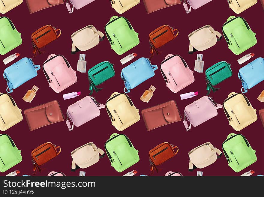 Pattern of bags with backpacks of different colors and female accessories for the background and design of the project. Seamless texture. Pattern of bags with backpacks of different colors and female accessories for the background and design of the project. Seamless texture