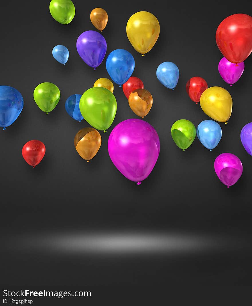 Colorful balloons group on a black wall background. 3D illustration render