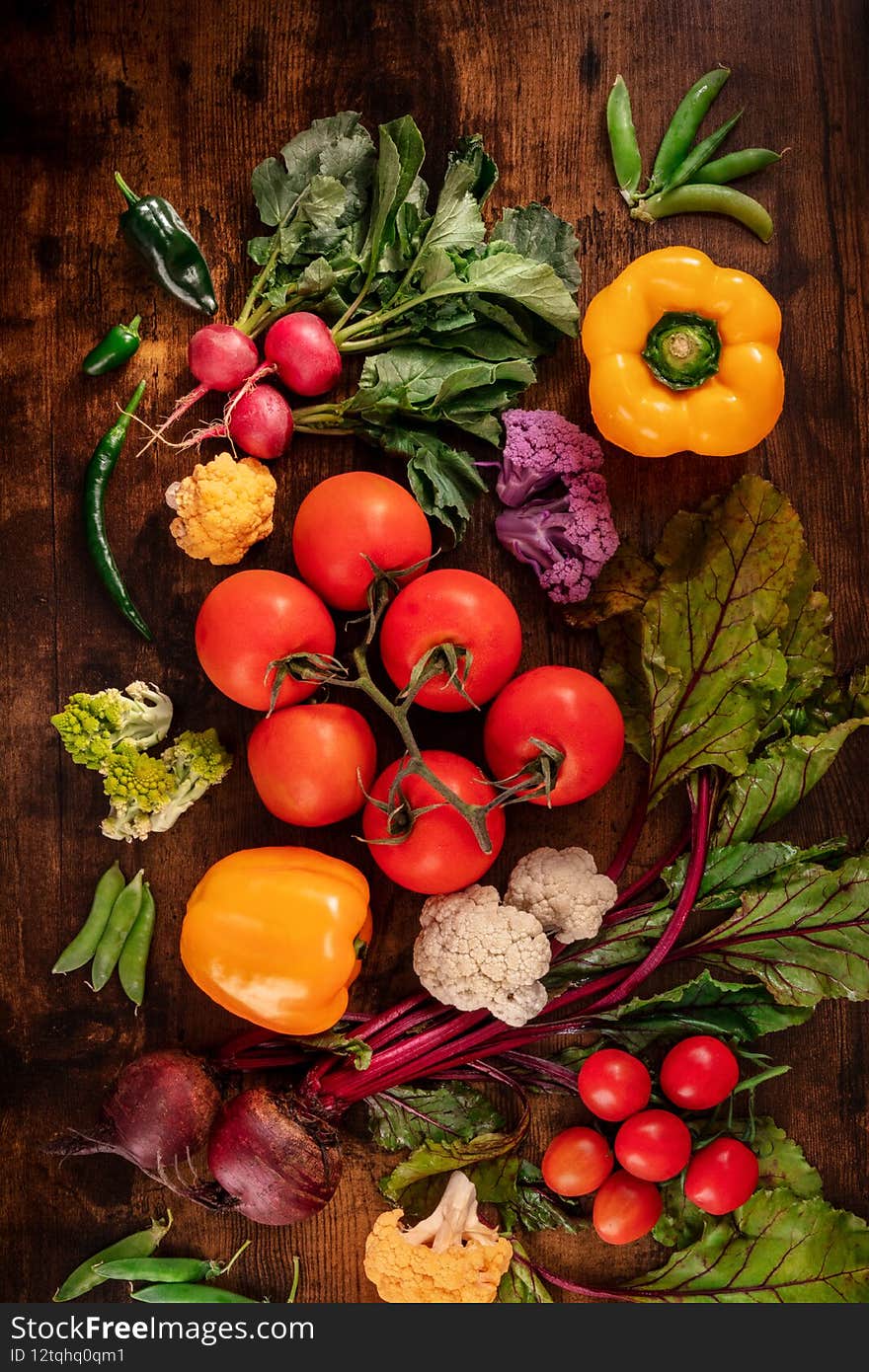 Various raw vegetables flat lay. Tomatoes, bell peppers, beetroot etc