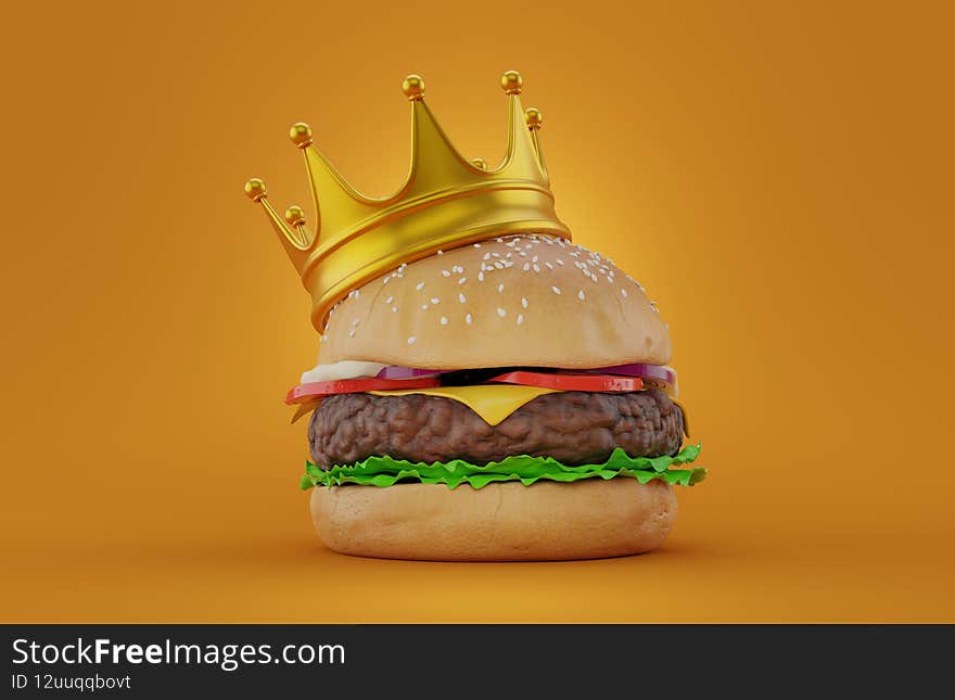Cheeseburger with crown on orange background. 3d illustration