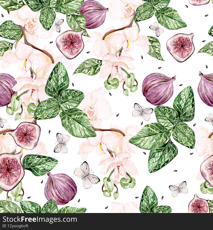 Beautiful watercolor bright pattern with orchid flowers and  fig fruits. Illustration