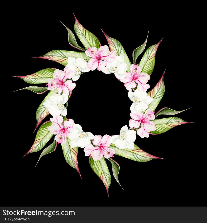 Beautiful watercolor tropical wreath with hibiscus flowers and tropical leaves