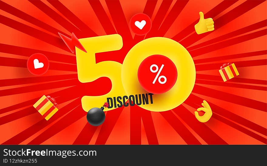 50 percent discount offer. Sale vector banner with rays