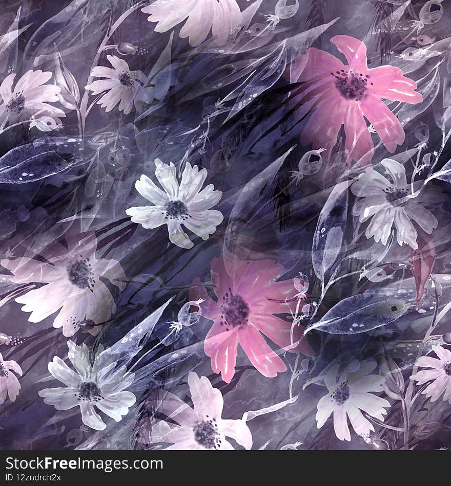 Watercolor seamless pattern. Branch with berry Watercolor background, drawing with autumn leaves, plants, berries, branches of linden, aspe. Spikelet, wheat, wild grass.Chamomile flower, calendula.