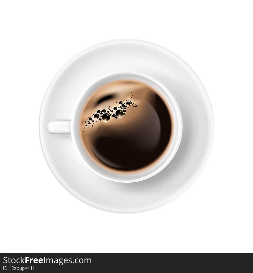 Realistic black coffee with foam in white cup on saucer top view vector illustration
