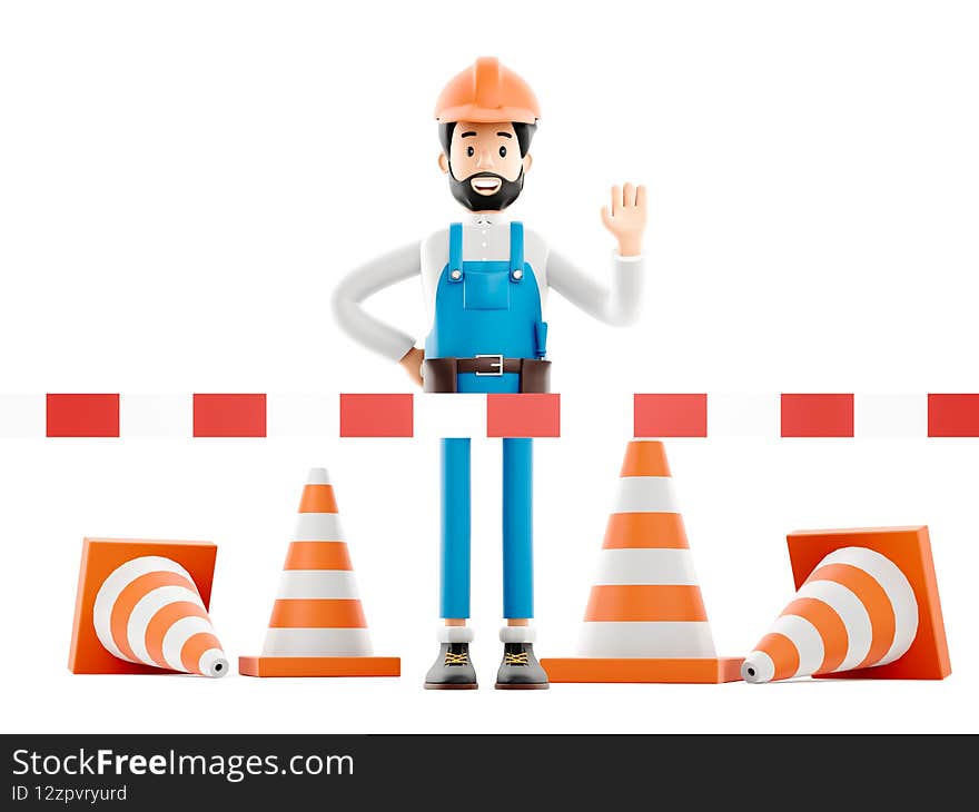 Funny worker or engineer with wrench. Builder plumber cartoon character, isolated icon, website maintenance no entry concept 3d illustration