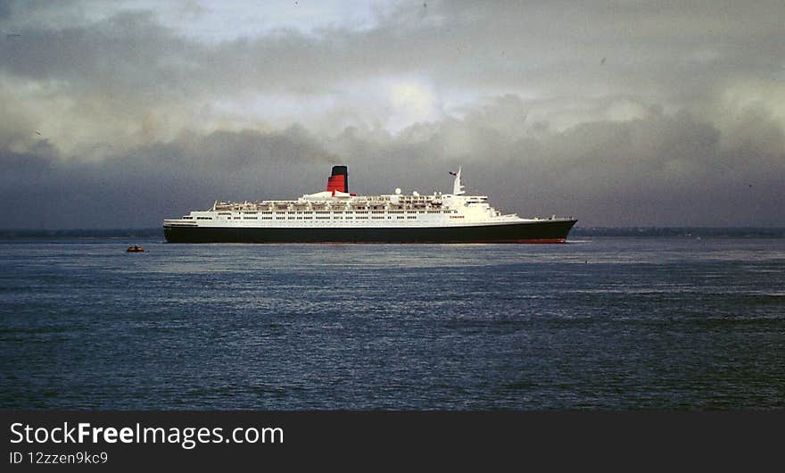 Vintage shot of Cunard liner Queen Elizabeth 2 QE2.  Shot on film