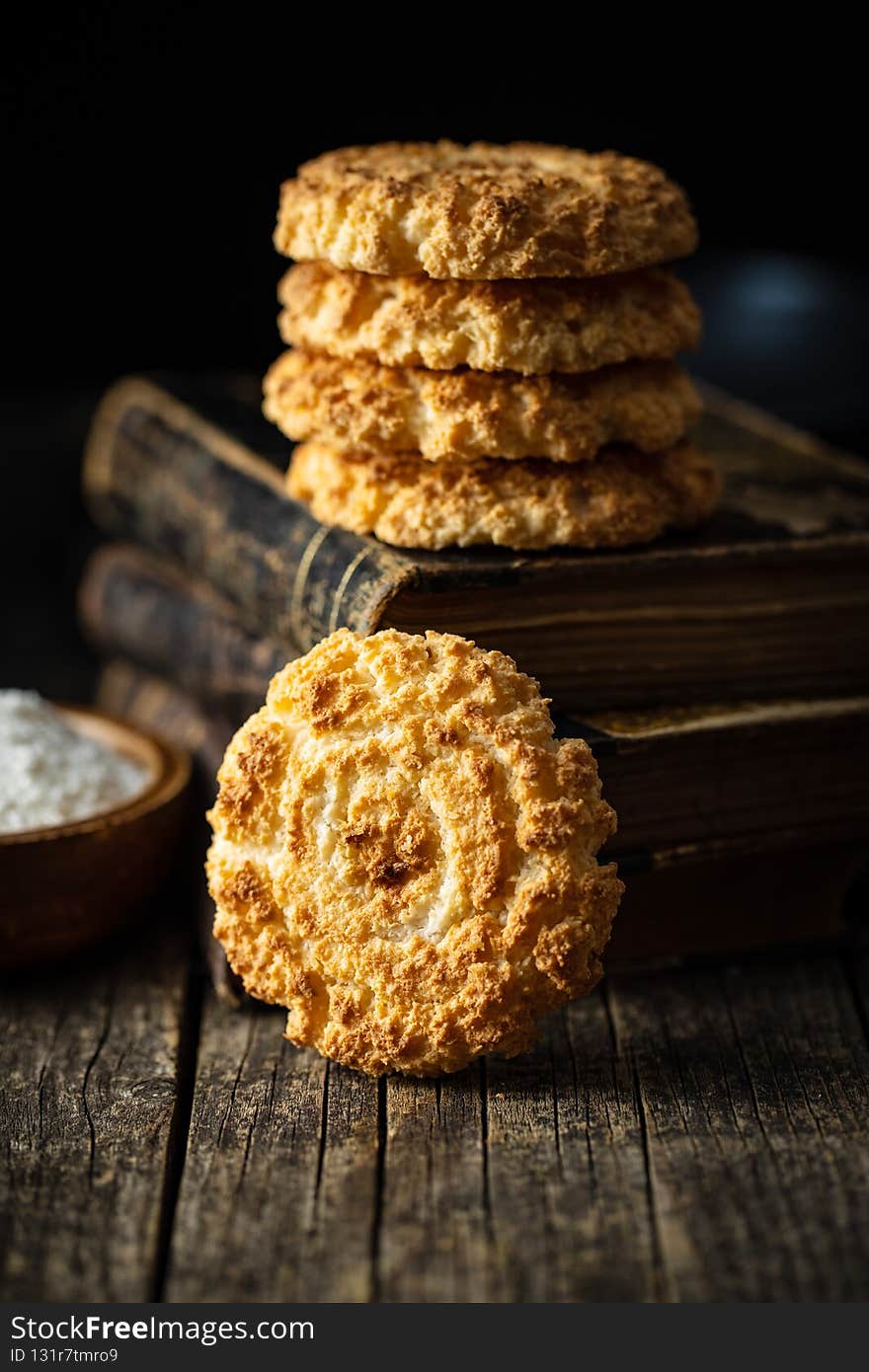 The sweet coconut cookies. Tasty biscuits with coconut flavor