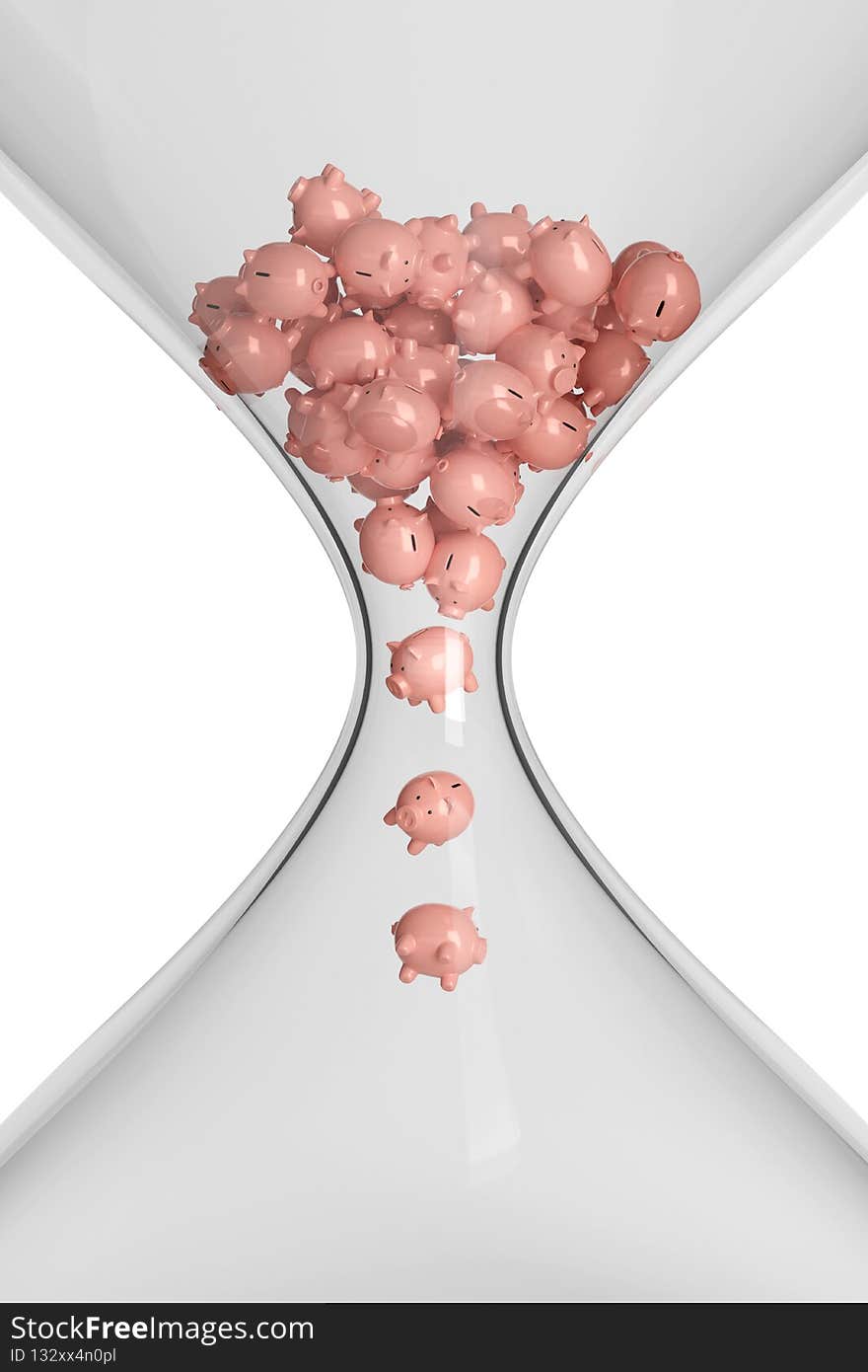 Piggy banks falling into an hourglass. Savings concept. 3d illustration.
