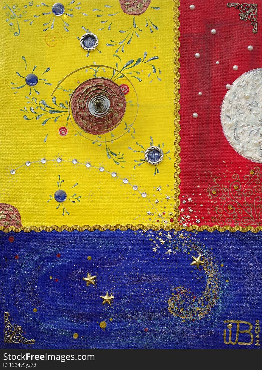 The red universe contains a ice planet. The yellow a water planet with the spiral of a clock. The blue contains stars. The universes are divided by a golden ribbon. The red universe contains a ice planet. The yellow a water planet with the spiral of a clock. The blue contains stars. The universes are divided by a golden ribbon.