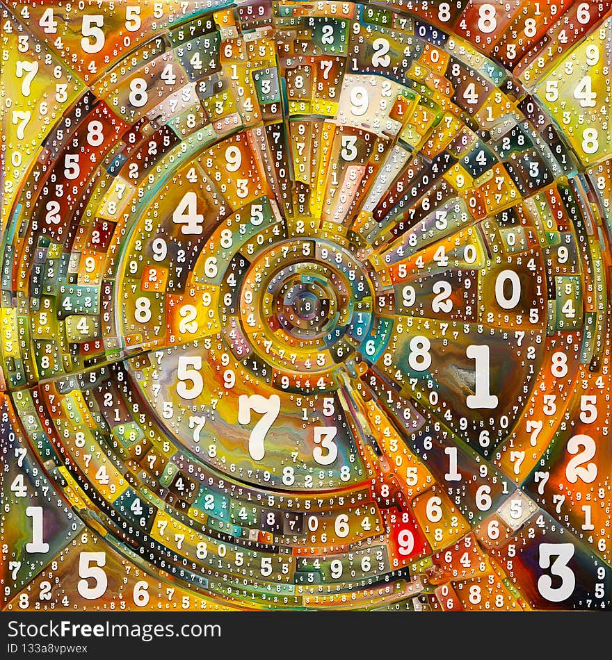 Paint by Numbers series. Abstract colorful painting of disk, rays and arches of radiating color and number symbols to represent source of platonic energy and power behind life. Paint by Numbers series. Abstract colorful painting of disk, rays and arches of radiating color and number symbols to represent source of platonic energy and power behind life