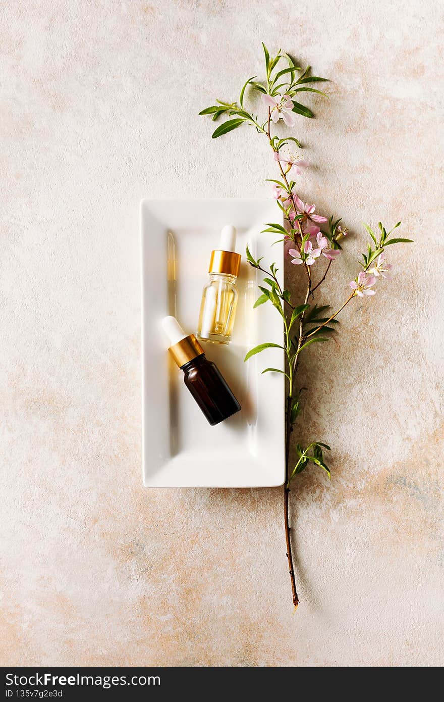 Spa concept. Two bottles with essential oil and a flowering branch of wild almonds.