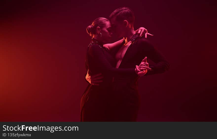 Elegant dancers posing camera dark studio. Elegant dance couple holding hands.