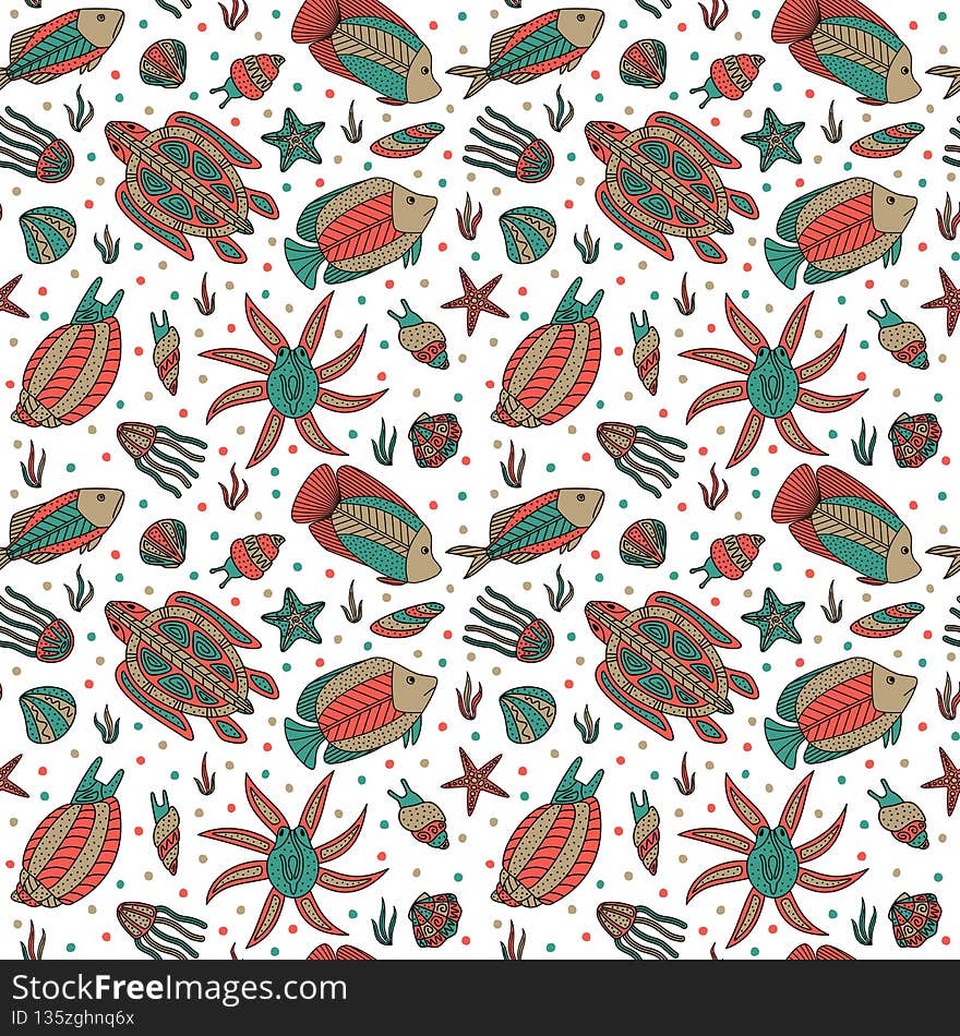 Seamless pattern with magic sea creatures. Floral drawing with line-art. Eps10 vector