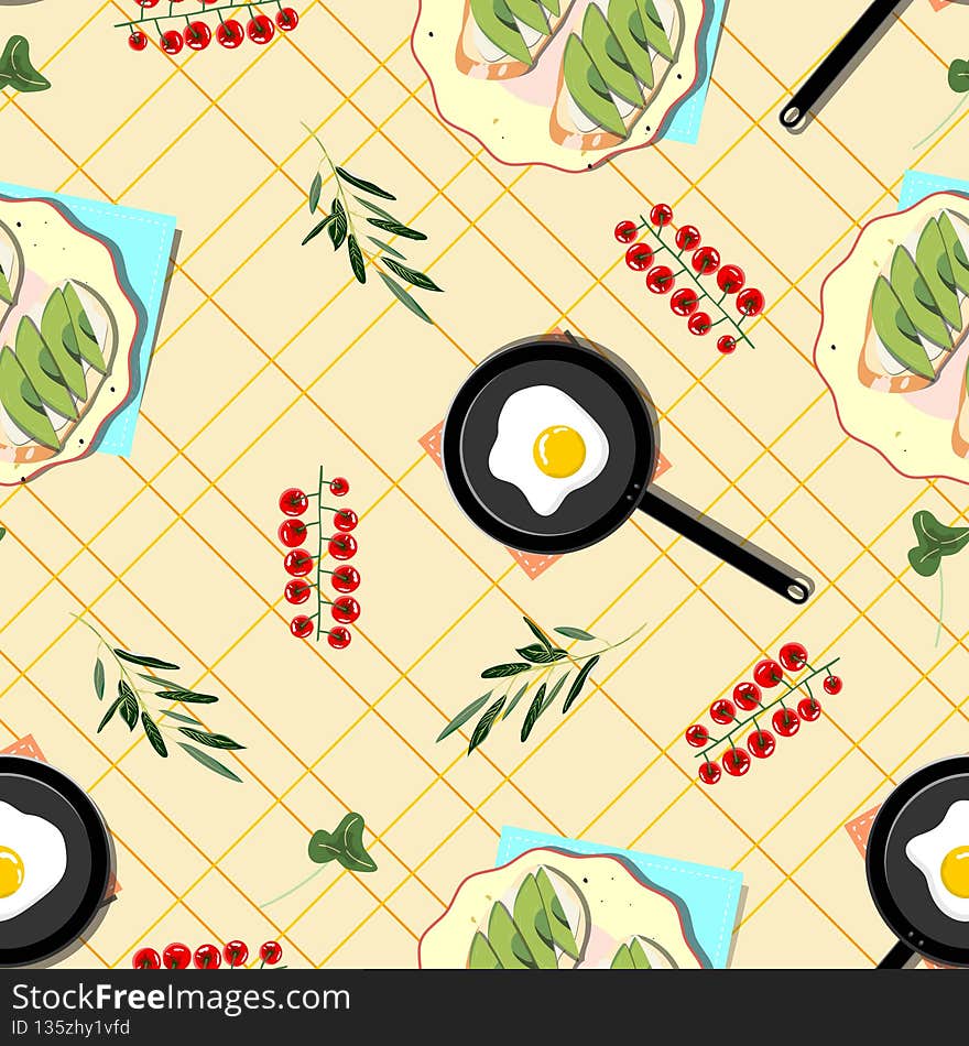 Breakfast pattern with fried eggs and sandwiches on striped background.