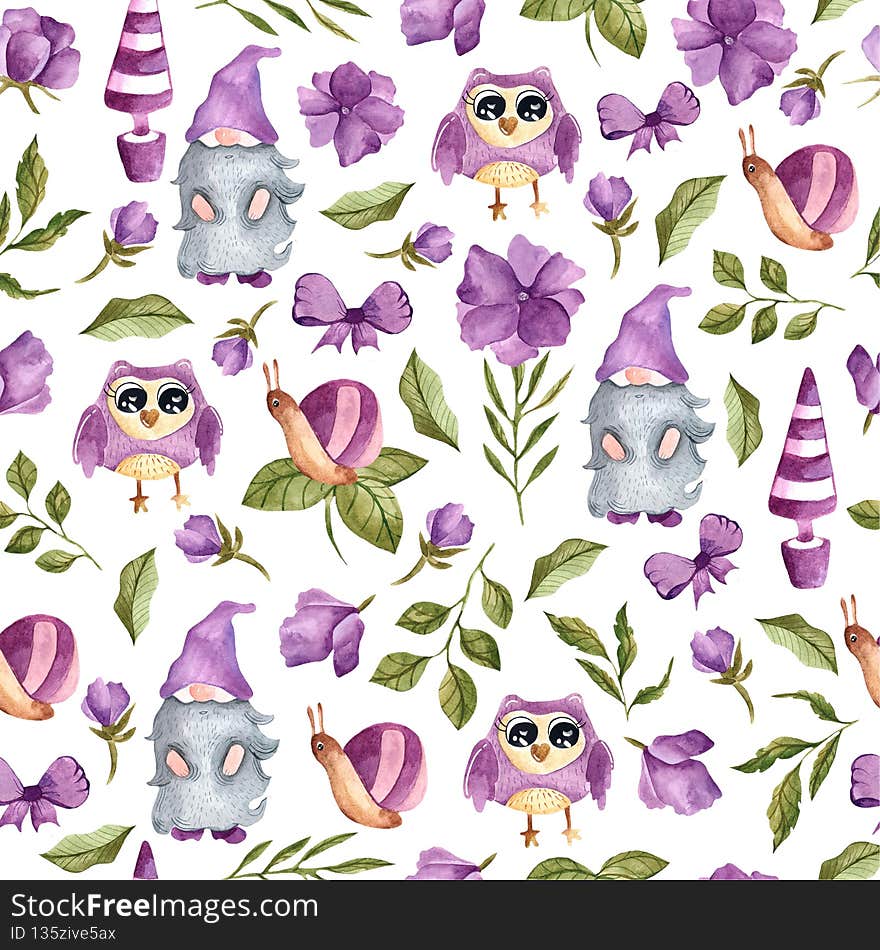 Watercolor seamless pattern with branches, leaves, gnomes, snail, owl.