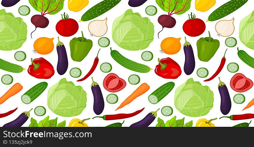 Vector seamless pattern of vegetables drawn in cartoon style. For restaurant menus, packaging, and so on