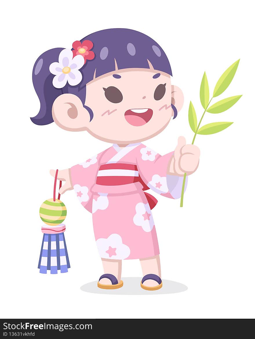 Tanabata festival, cute style Japanese girl in traditional kimono dress cartoon illustration. Tanabata festival, cute style Japanese girl in traditional kimono dress cartoon illustration