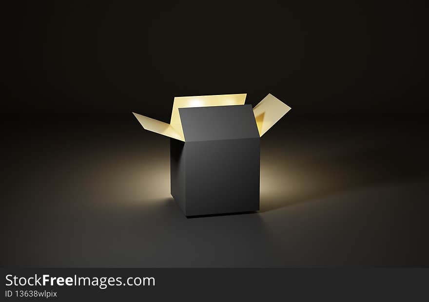 Gift box with gold light on dark background, magic container opens, surprise idea, prize drawing, holiday secret christmas or birthday present, packaging mockup, black friday sale, 3d illustration.