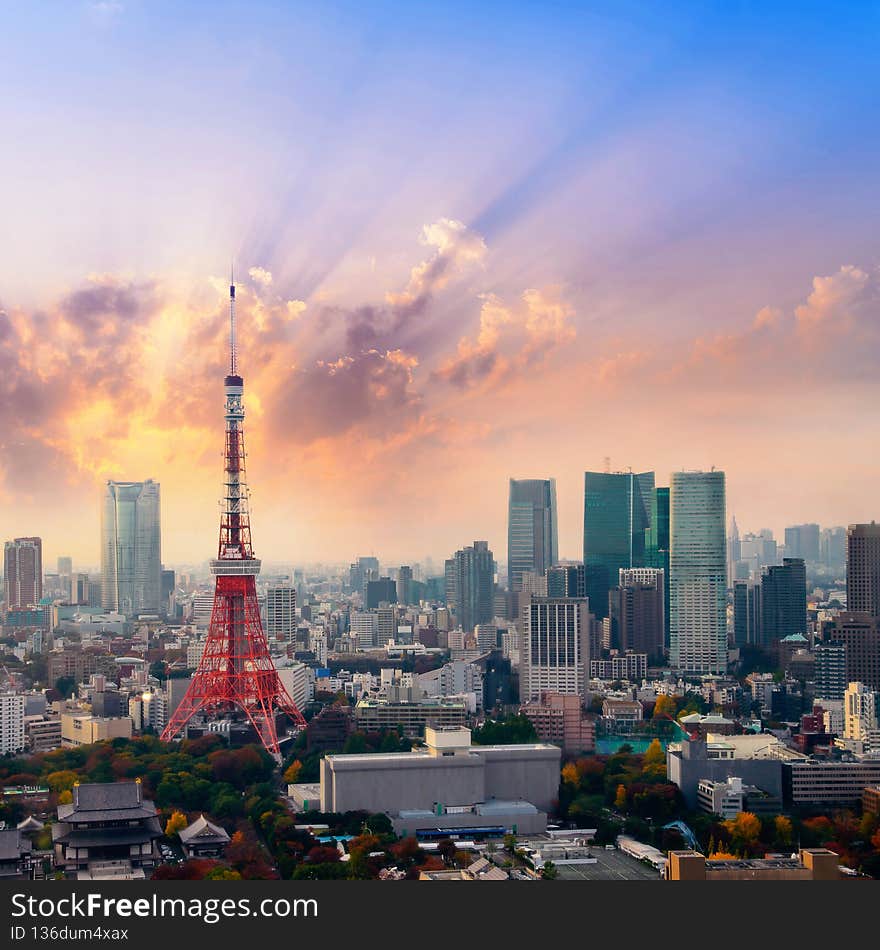 Landscape of tokyo skyline in Aerial view with skyscraper, modern office building and sunset sky background in Tokyo
