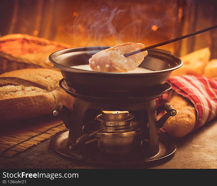 Cheese fondue,Traditional Swiss food for winter. Cheese fondue,Traditional Swiss food for winter