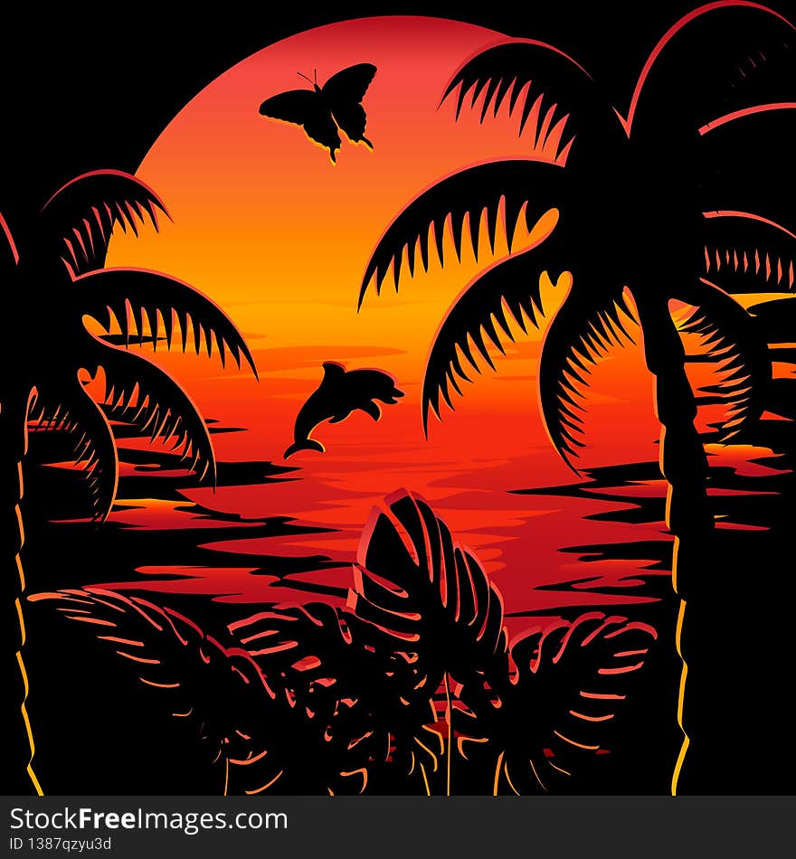 Tropical plants on a sunset background.Dolphin, butterfly and palms on a sunset background in vector illustration.