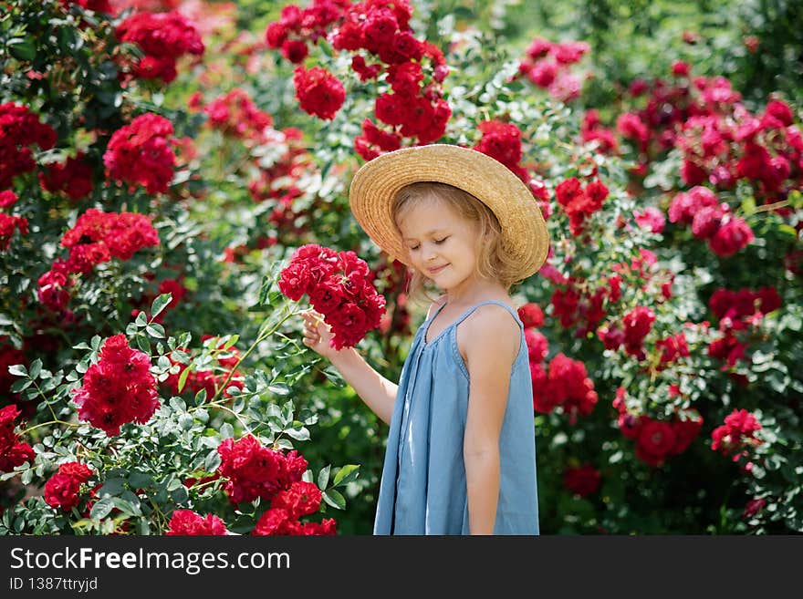 Summer portrait of pretty little girl wearing white dress and hat, posing in rose garden smelling flowers. Happy smiling baby. Love of nature. Romantic mood