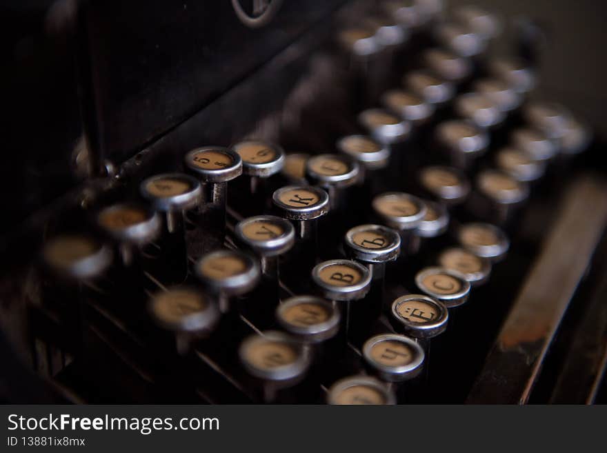 Antique Typewriter. Vintage Typewriter Machine Closeup Photo.