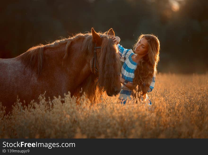 Beautiful long-haired  young woman  with red tinker horse in oats field at sunset. Beautiful long-haired  young woman  with red tinker horse in oats field at sunset