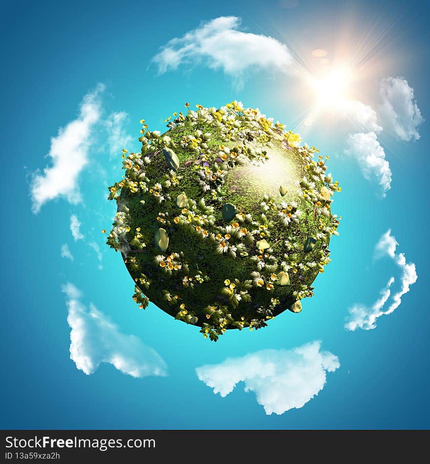3D render of a background with globe of buttercups and daisies on blue sky with circling clouds