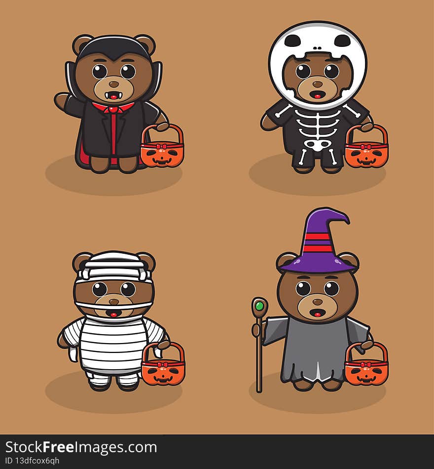 Cute Character Cartoon of Bear Halloween set. Dracula, Skeleton, Mummy and Wizard costume set  Good for icon, logo, label, sticker, clipart.