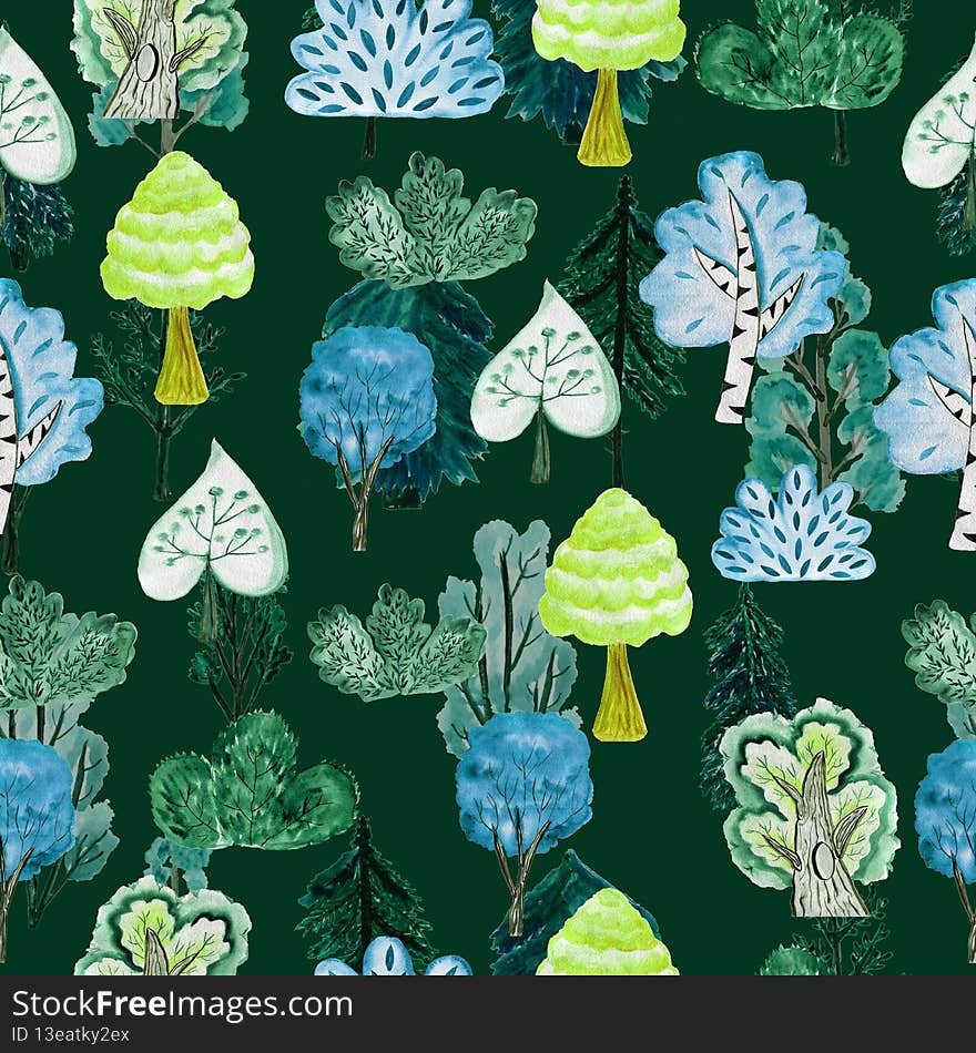 Watercolor pattern trees. Seamless forest. Design element for collection. Elements for the design.