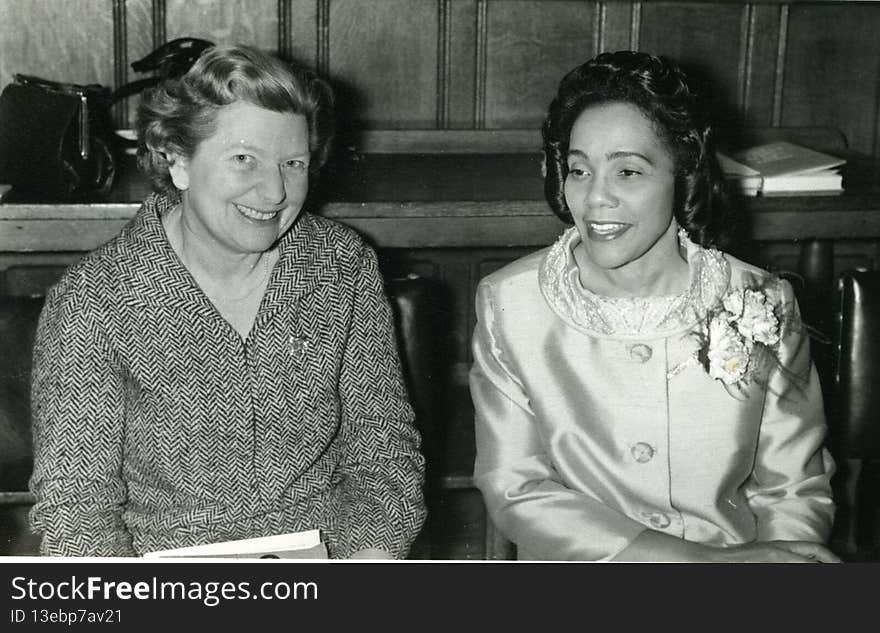 Coretta Scott King was a strong advocate for world peace, at some point in the 1960s she visited London and met with several peace organisations including WILPF. Here she is pictured with Labour M.P. Joyce Butler, who was a long term member of WILPF.