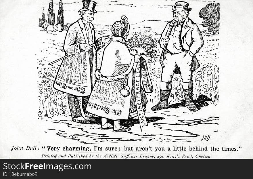 TWL.2000.59Postcard, printed, cardboard, black text and image, white ground, Artists&#x27; Suffrage League illustration depicting John Bull addressing a man and a woman supporting the &#x27;ANTI SUFFRAGE LEAGUE&#x27;, man and woman wearing coats made from &#x27;The Times&#x27; and &#x27;The Spectator&#x27; newspapers, woman holding a bunch of flowers tied with an &#x27;ANTI SUFFRAGE LEAGUE&#x27; ribbon, printed inscription front: &#x27;John Bull: &#x27;Very charming, I&#x27;m sure; but aren&#x27;t you a little behind the times.&#x27; Printed and Published by the Artists Suffrage League, 259 King&#x27;s Road, Chelsea&#x27;. TWL.2000.59Postcard, printed, cardboard, black text and image, white ground, Artists&#x27; Suffrage League illustration depicting John Bull addressing a man and a woman supporting the &#x27;ANTI SUFFRAGE LEAGUE&#x27;, man and woman wearing coats made from &#x27;The Times&#x27; and &#x27;The Spectator&#x27; newspapers, woman holding a bunch of flowers tied with an &#x27;ANTI SUFFRAGE LEAGUE&#x27; ribbon, printed inscription front: &#x27;John Bull: &#x27;Very charming, I&#x27;m sure; but aren&#x27;t you a little behind the times.&#x27; Printed and Published by the Artists Suffrage League, 259 King&#x27;s Road, Chelsea&#x27;.