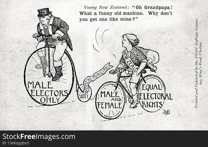 TWL.2000.58 Postcard, printed, cardboard, black text and image, white ground, Artists&#x27; Suffrage League illustration depicting an old man riding a penny farthing bicycle with the inscription: &#x27;MALE ELECTORS ONLY, WOMEN&#x27;S MUNICIPAL VOTE&#x27;, on the wheel, young boy riding on a modern bicycle beside him with the inscription: &#x27;NEW ZEALAND, MALE AND FEMALE EQUAL ELECTORIAL RIGHTS&#x27;, on his wheels and a sash, printed inscription front: &#x27;Young New Zealand: &#x27;Oh Grandpapa! What a funny old machine. Why don&#x27;t you get one like mine?&#x27;, Printed and Published by the Artists Suffrage League, 259 King&#x27;s Road, Chelsea&#x27;. TWL.2000.58 Postcard, printed, cardboard, black text and image, white ground, Artists&#x27; Suffrage League illustration depicting an old man riding a penny farthing bicycle with the inscription: &#x27;MALE ELECTORS ONLY, WOMEN&#x27;S MUNICIPAL VOTE&#x27;, on the wheel, young boy riding on a modern bicycle beside him with the inscription: &#x27;NEW ZEALAND, MALE AND FEMALE EQUAL ELECTORIAL RIGHTS&#x27;, on his wheels and a sash, printed inscription front: &#x27;Young New Zealand: &#x27;Oh Grandpapa! What a funny old machine. Why don&#x27;t you get one like mine?&#x27;, Printed and Published by the Artists Suffrage League, 259 King&#x27;s Road, Chelsea&#x27;.