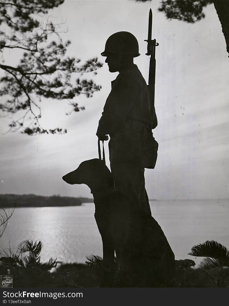 09-7928-28

Marines against the Sea - Marine sentries and War Dogs keep nightly
vigils along the shores of Okinawa to guard against surprise enemy
landings. Silhouetted by the setting sun are Leatherneck Private 1st
Class Lucien J. Vanasse, of 141 Prospect Street, Northampton, Mass, and
&quot;King&quot; a Doberman Pinscher of a Marine War Dog platoon. [Portraits.]
[World War 2. Pacific Theater.] [Scene.] WWII Pacific Island Combat
General file.