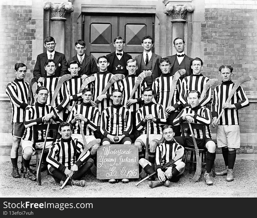 A team in Waterford with Kilkenny-like vertical stripes may not have been too popular in inter-county circles - but these lads look like they could cope with the slagging!  A fine Poole shot of a hurling team to remind us that yet another All Ireland season is in full swing.

With thanks to all of the contributions today, in particular Niall McAuley, swordscookie, j.coffey78, and guliolopez, we know that the team pictured &#x28;or at least most of them&#x29; challenged for the 1916 Waterford County Hurling Final around the time of this photo. They forced a replay with Ferrybank GAA club. But lost out to Ferrybank in the end 5-0 to 3-3. guliolopez helpfully links us to a write up of the replayed final which lists the team as:
&nbsp;T King &#x28;goal&#x29;, J Hogan, L Cantwell, R Cantwell, P Durley, T Smyth, W Walsh, J Power, M Fitzpatrick, M Baldwin, P Purcell, W Sullivan, T McCormack, J Geary, R McKenna

A player who didn&#x27;t make the replay &#x28;D Quinn&#x29; may also be captured here. It&#x27;s proposed that, as perhaps the person who commissioned the photo, J&#x28;ohn?&#x29; Hogan could be the captain pictured....


Photographer: A. H. Poole

Collection:  Poole Photographic Studio, Waterford

Date:ca. 14 October 1916

NLI Ref:  POOLEWP 2692

You can also view this image, and many thousands of others, on the NLI’s catalogue at catalogue.nli.ie. A team in Waterford with Kilkenny-like vertical stripes may not have been too popular in inter-county circles - but these lads look like they could cope with the slagging!  A fine Poole shot of a hurling team to remind us that yet another All Ireland season is in full swing.

With thanks to all of the contributions today, in particular Niall McAuley, swordscookie, j.coffey78, and guliolopez, we know that the team pictured &#x28;or at least most of them&#x29; challenged for the 1916 Waterford County Hurling Final around the time of this photo. They forced a replay with Ferrybank GAA club. But lost out to Ferrybank in the end 5-0 to 3-3. guliolopez helpfully links us to a write up of the replayed final which lists the team as:
&nbsp;T King &#x28;goal&#x29;, J Hogan, L Cantwell, R Cantwell, P Durley, T Smyth, W Walsh, J Power, M Fitzpatrick, M Baldwin, P Purcell, W Sullivan, T McCormack, J Geary, R McKenna

A player who didn&#x27;t make the replay &#x28;D Quinn&#x29; may also be captured here. It&#x27;s proposed that, as perhaps the person who commissioned the photo, J&#x28;ohn?&#x29; Hogan could be the captain pictured....


Photographer: A. H. Poole

Collection:  Poole Photographic Studio, Waterford

Date:ca. 14 October 1916

NLI Ref:  POOLEWP 2692

You can also view this image, and many thousands of others, on the NLI’s catalogue at catalogue.nli.ie